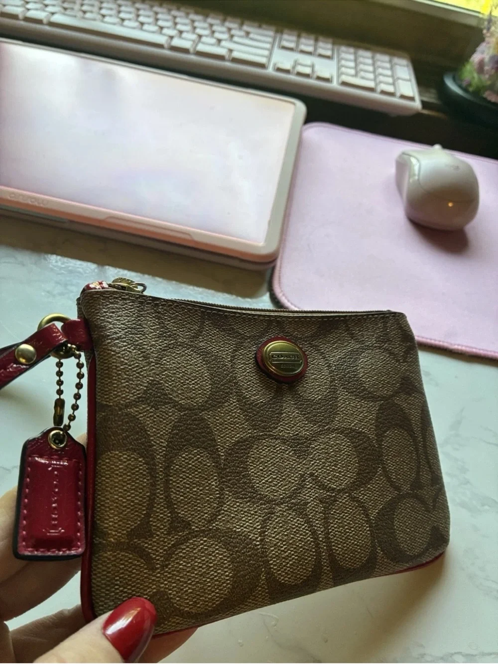 Coach Signature Canvas Wristlet in Khaki with Red Trim